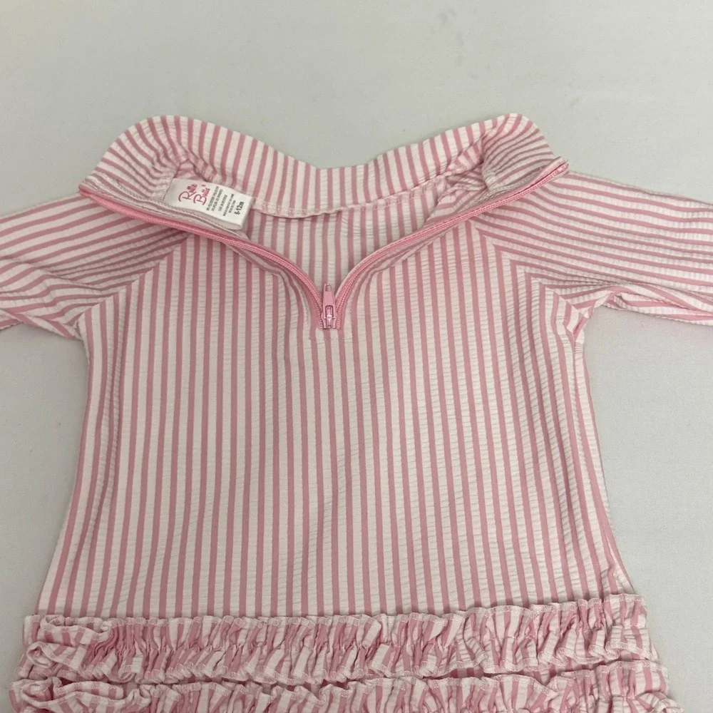 RuffleButts Baby Girls Pink Seersucker Striped‎ Rash Guard Swimsuit Set 6-12M